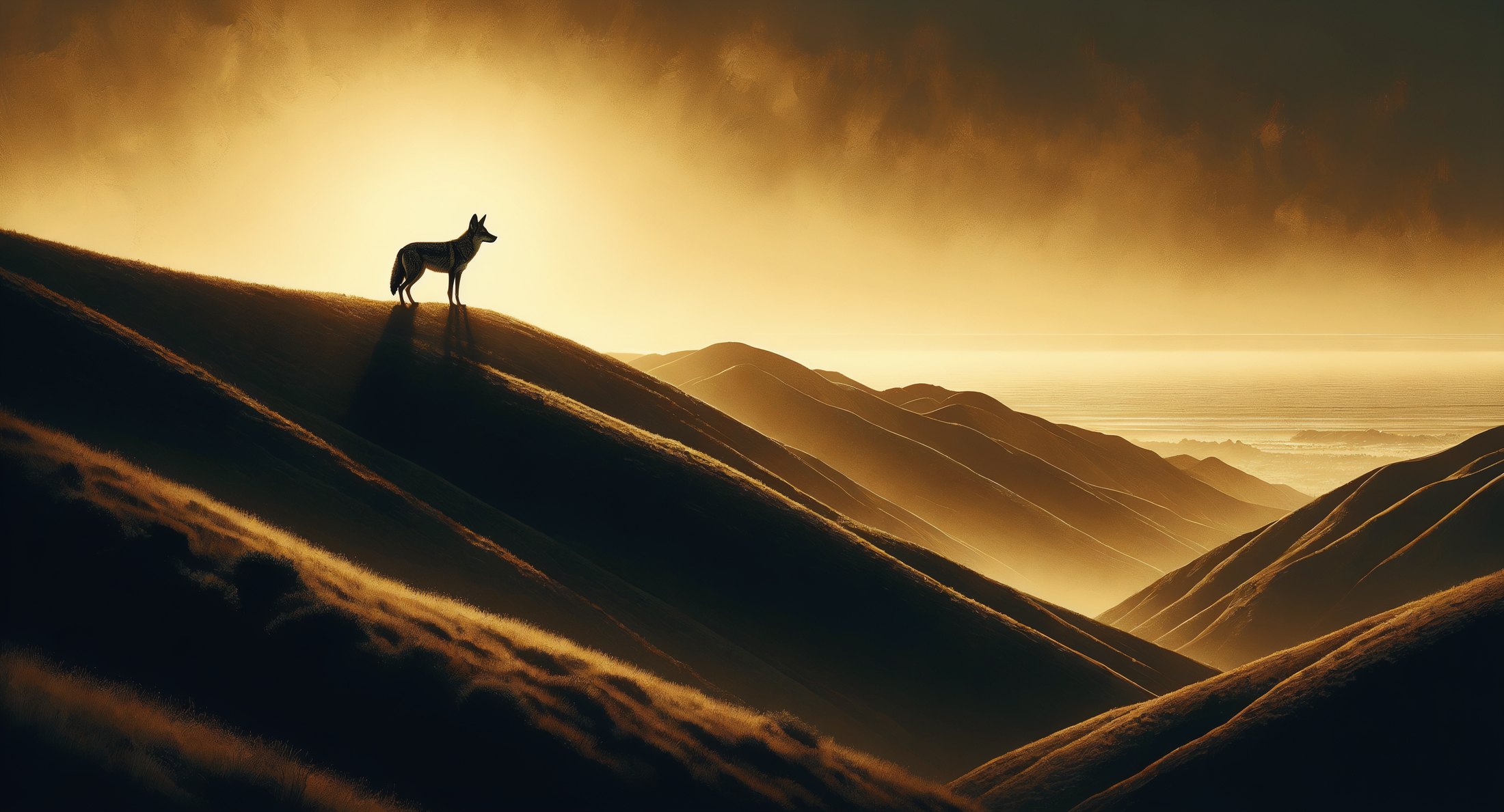 A lone coyote on a golden California ridgeline at dawn