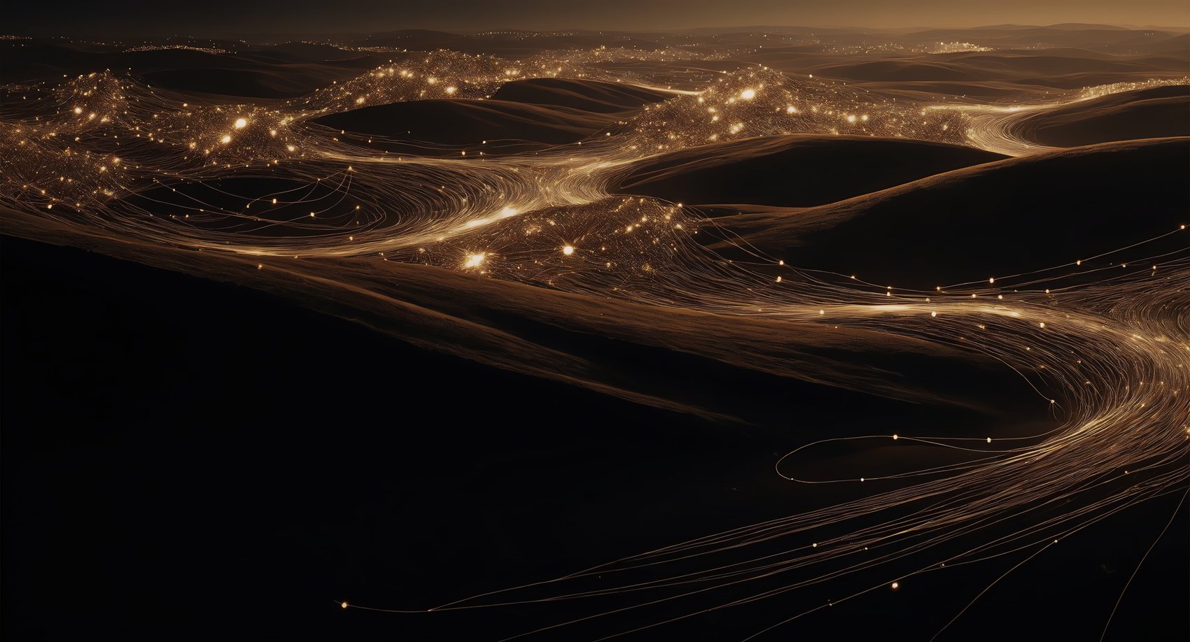 Rivers of value moving as light across a dark landscape